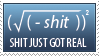 stamp showing the square root of negative one, squared, with the text 'shit just got real' overlayed overtop